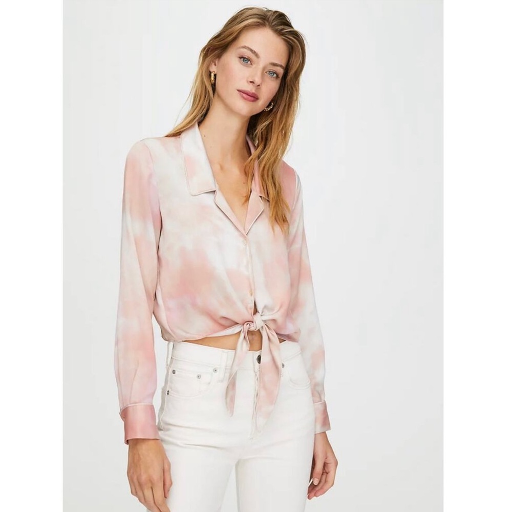 Aritzia Wilfred Peaufiner Tie Front Blouse Cropped Long Sleeve Pink Ombré